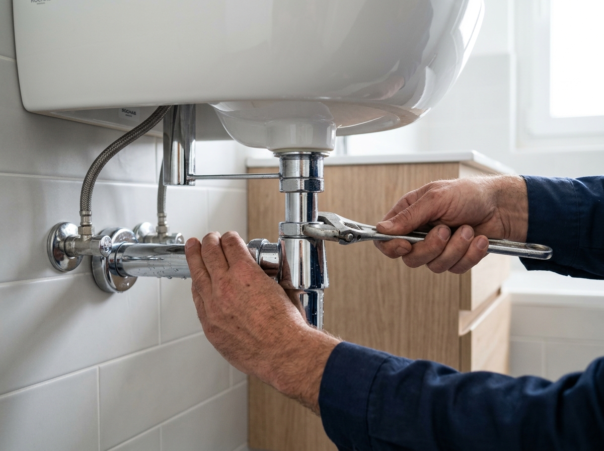 Trabajo de fontanería bajo un lavabo